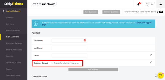 EDIT EVENT - EVENT QUESTIONS - ORGANISER CONTACT