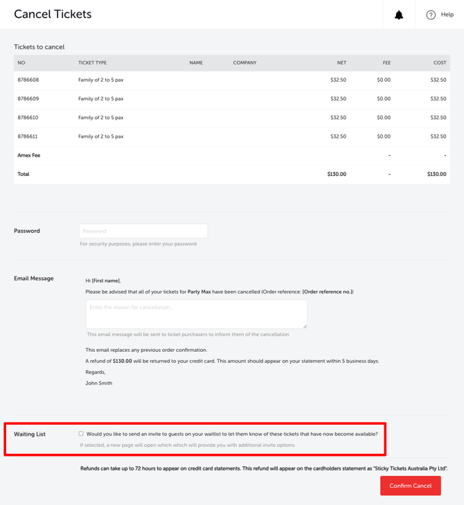 EDIT EVENT - ORDER SALES - CANCEL ORDER - WAITING LIST CHECKBOX