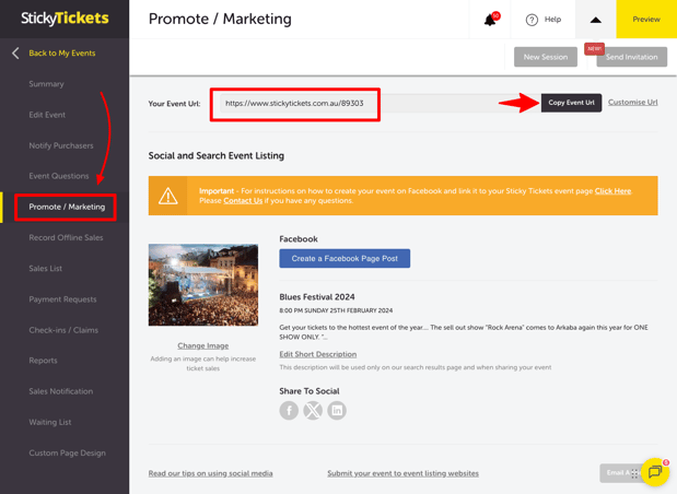 EDIT EVENT - PROMOTE MARKETING - COPY EVENT LINK