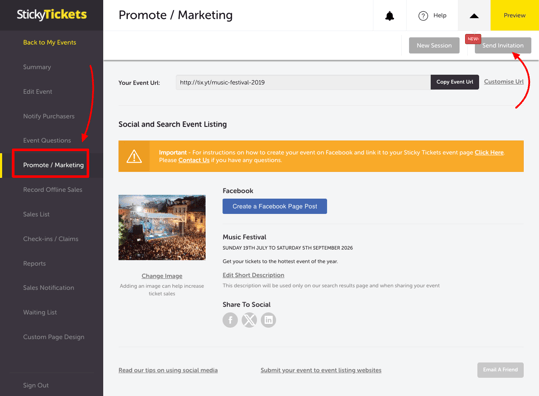 EDIT EVENT - PROMOTE MARKETING - SEND INVITATION BUTTON