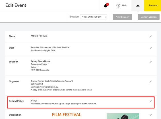 EDIT EVENT - REFUND POLICY SECTION
