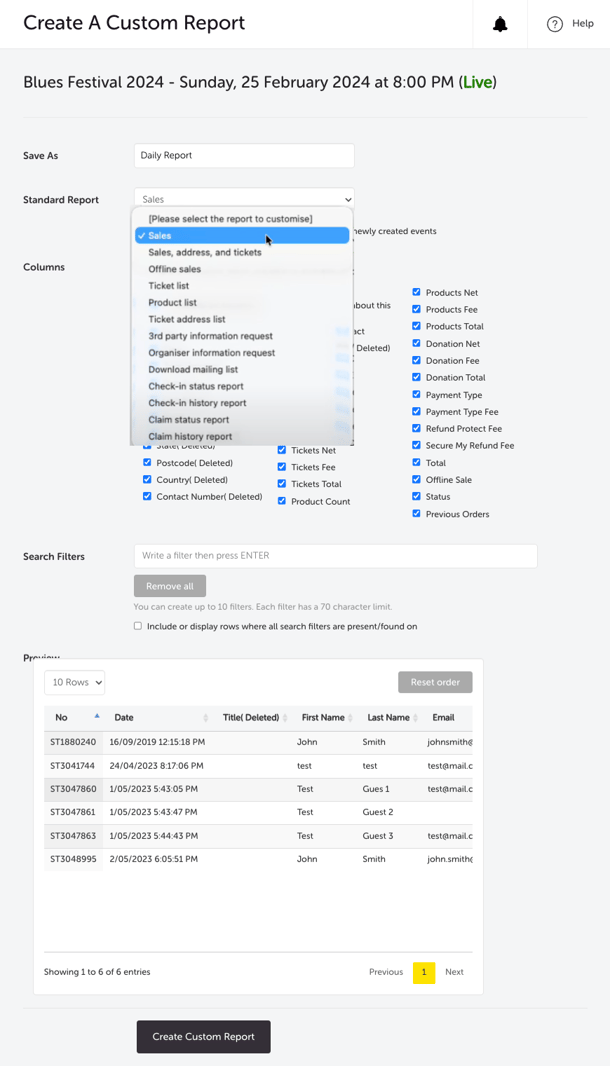 EDIT EVENT - REPORTS - CUSTOM REPORTS - SETTINGS 2