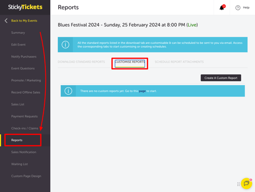 EDIT EVENT - REPORTS - CUSTOM REPORTS TAB