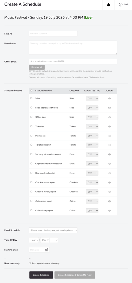EDIT EVENT - REPORTS - SCHEDULED REPORTS - CREATE REPORT