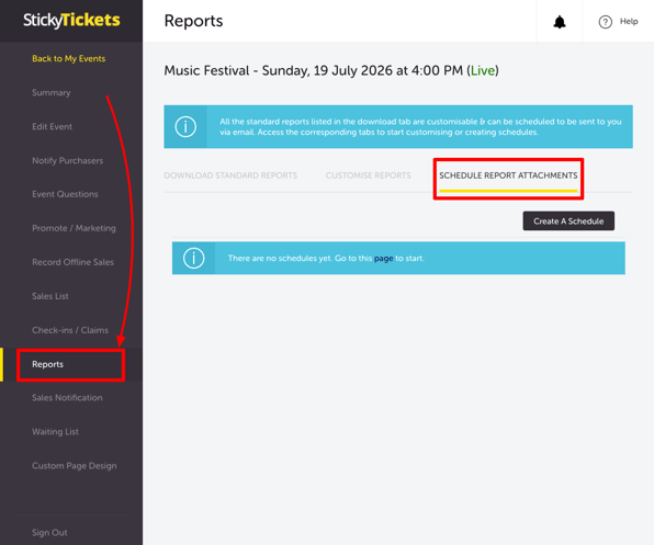 EDIT EVENT - REPORTS - SCHEDULED REPORTS tab
