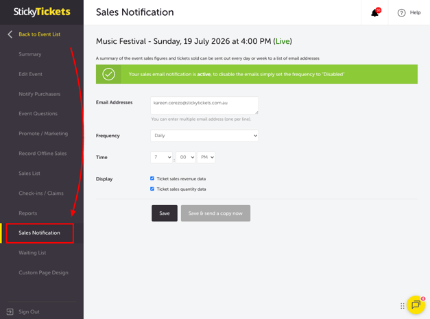 EDIT EVENT - SALES NOTIFICATION TAB
