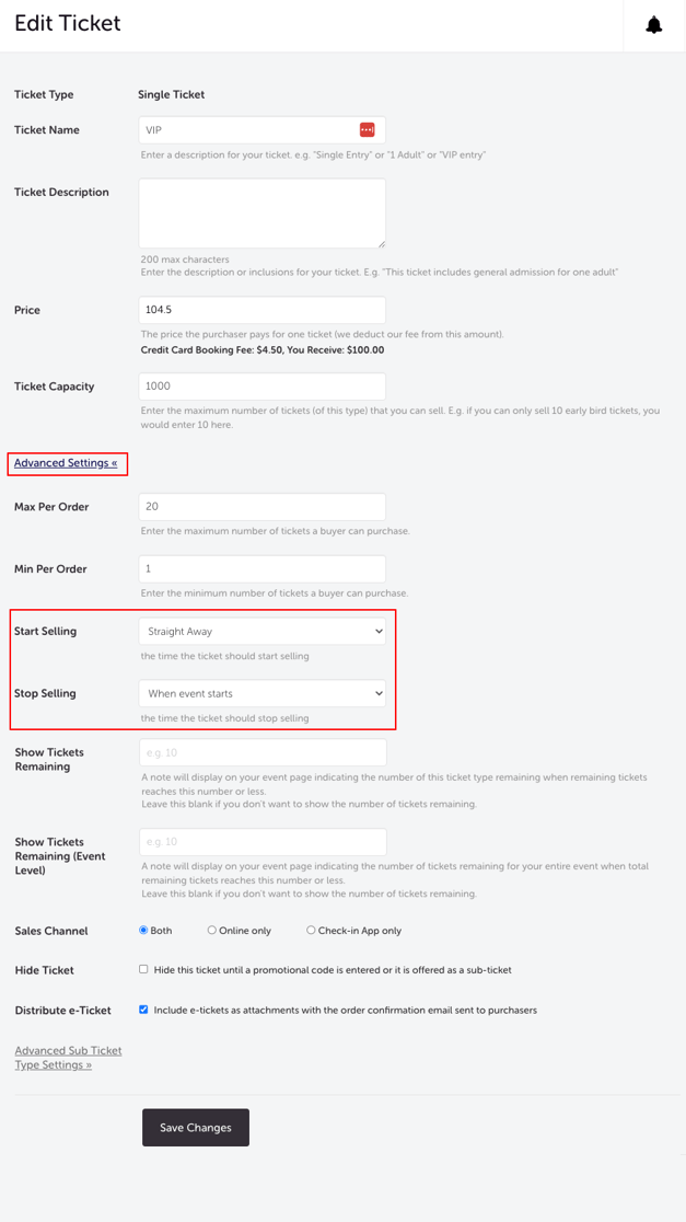 EDIT EVENT - TICKETING - START-STOP SELLING DATE