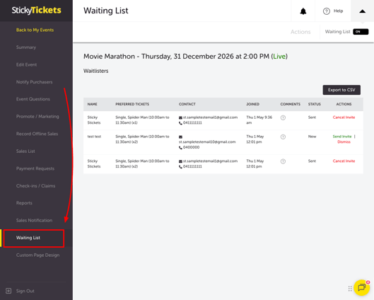 EDIT EVENT - WAITING LIST TAB