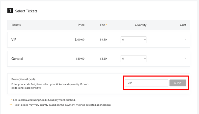 EVENT PAGE - PROMOCODE BOX - ENTER CODE APPLY BUTTON