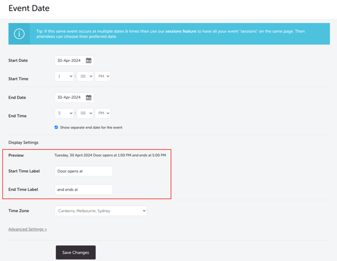 Edit Event - Costumize Start End Time lable