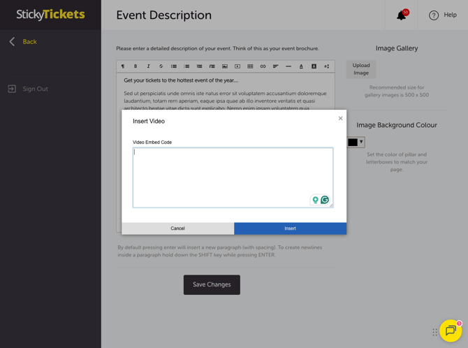 Edit Event - Description - Upload Video