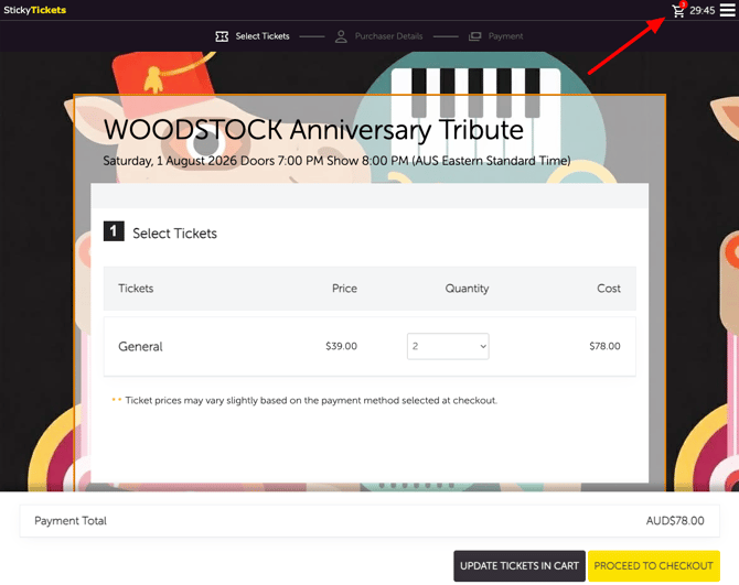 Event Page - Buying ticket showing cart