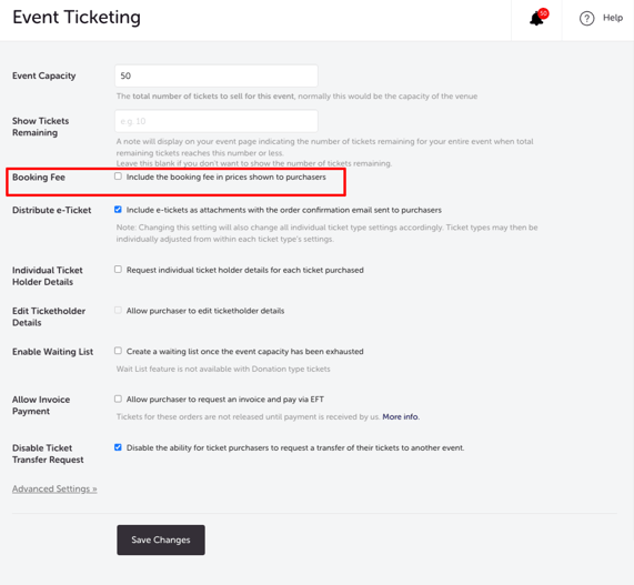MY EVENT - EDIT EVENT - TICKETING SECTION - EVENT TICKETING - BOOKING FEE BOX
