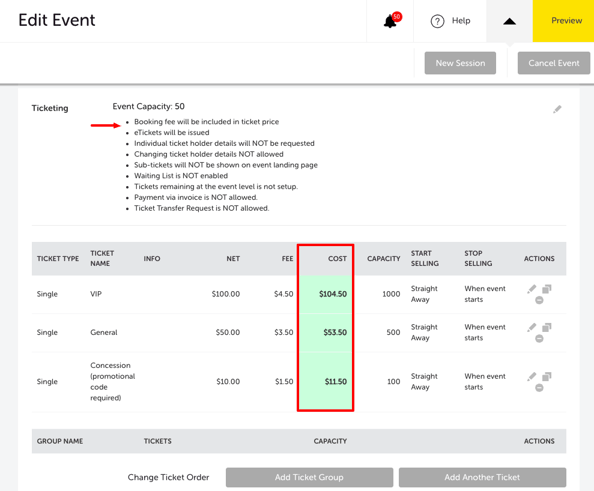 MY EVENT - EDIT EVENT - TICKETING SECTION - EVENT TICKETING - BOOKING FEE INCLUDED