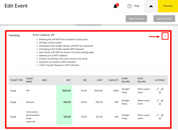 MY EVENT - EDIT EVENT - TICKETING SECTION BOOKING FEE