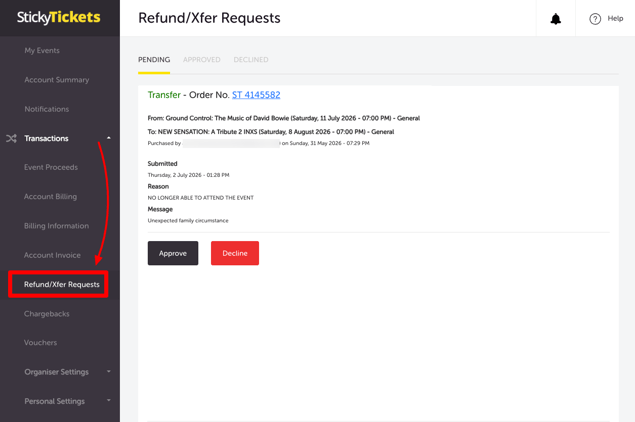 MY EVENT - TRANSACTIONS TAB - TRANSFER REQUEST - PENDING 1