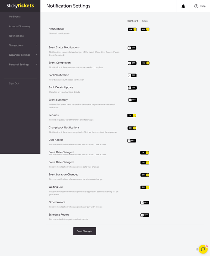 MY EVENTS - NOTIFICATIONS - SETTINGS BUTTON - NOTIFICATION SETTINGS