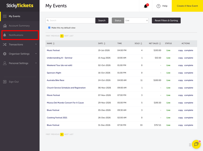 MY EVENTS - NOTIFICATIONS TAB