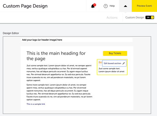 My Event - Edit Event - CUSTOM PAGE DESIGN - BOX SETTINGS