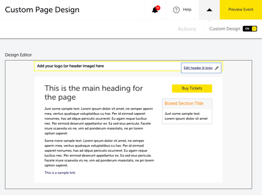 My Event - Edit Event - CUSTOM PAGE DESIGN - HEADING LOGO SETTINGS