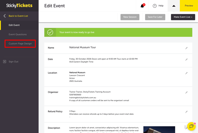 My Event - Edit Event - CUSTOM PAGE DESIGN TAB