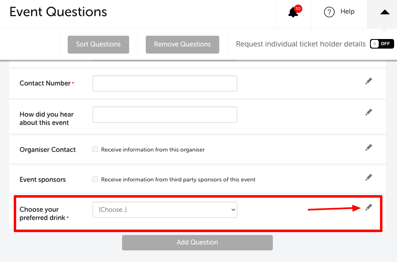 My Event - Edit Event - EVENT QUESTIONS - ADD QUESTION - QUESTION TYPE - EDIT