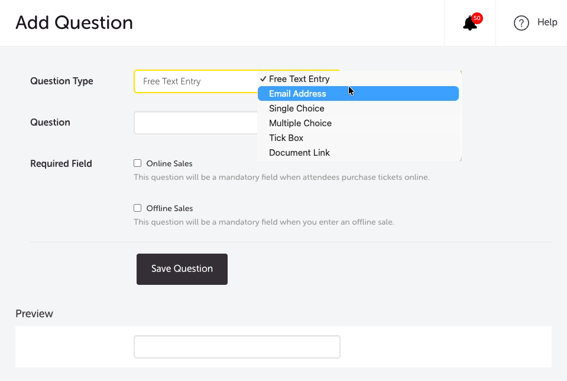 My Event - Edit Event - EVENT QUESTIONS - ADD QUESTION - QUESTION TYPES