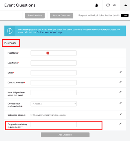 My Event - Edit Event - EVENT QUESTIONS - PURCHASER - DIETARY