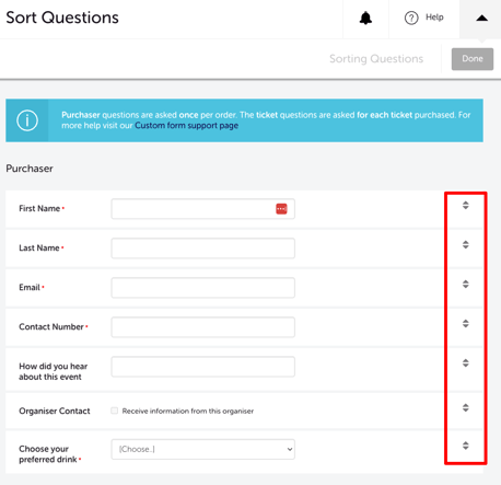 My Event - Edit Event - EVENT QUESTIONS - SORT QUESTIONS - SETTINGS