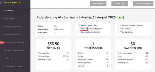 My Event - Edit Event - EVENT QUESTIONS - SUMMARY TAB - REPORTS
