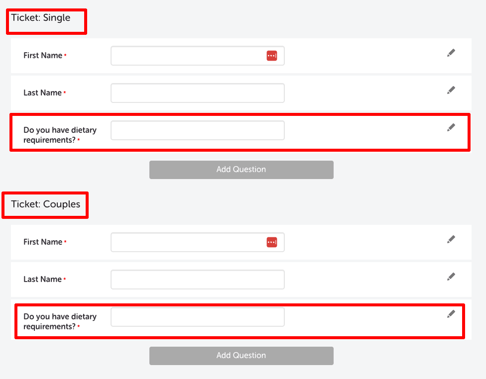 My Event - Edit Event - EVENT QUESTIONS - TICKET - DIETARY