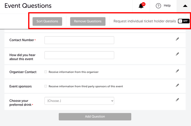 My Event - Edit Event - EVENT QUESTIONS - TOP SETTINGS