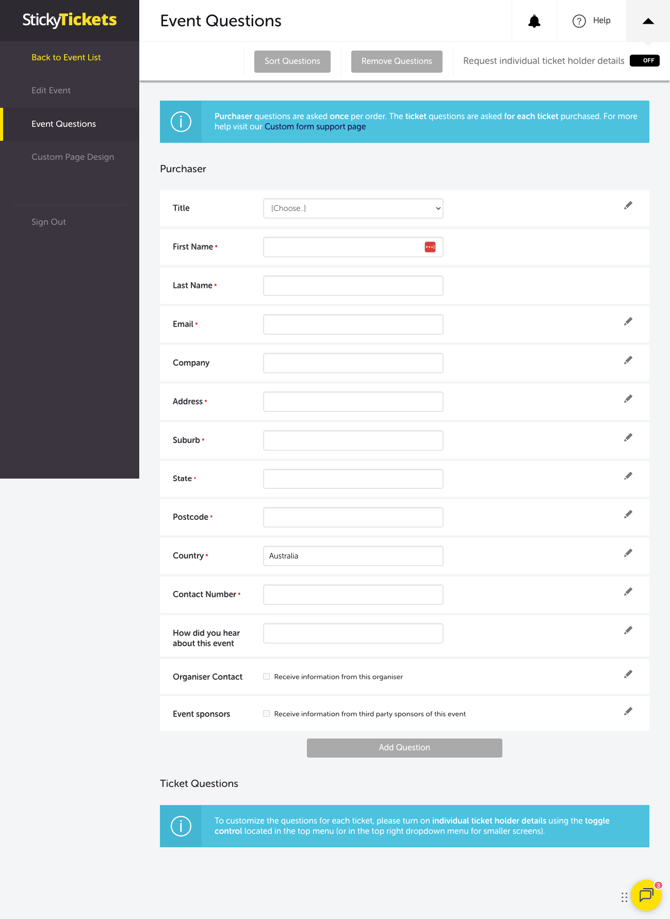 My Event - Edit Event - EVENT QUESTIONS DEFAULT