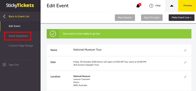 My Event - Edit Event - EVENT QUESTIONS TAB