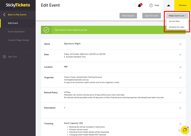 My Event - Edit Event - Make event live button
