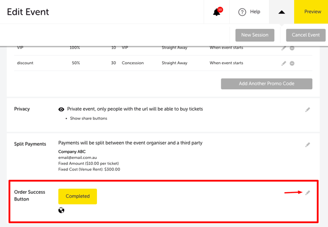 My Event - Edit Event - ORDER SUCCESS BUTTON SECTION