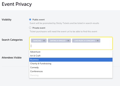 My Event - Edit Event - PRIVACY SETTINGS - VISIBILITY