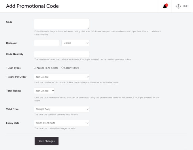 My Event - Edit Event - PROMO CODE SETTINGS