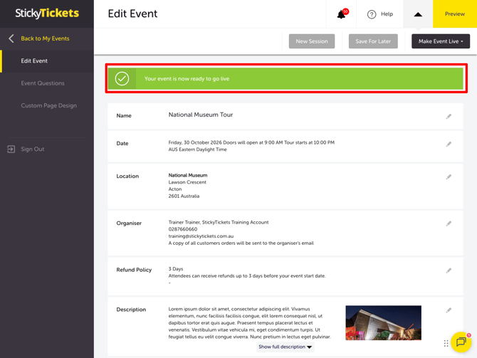 My Event - Edit Event - Ready to go live banner