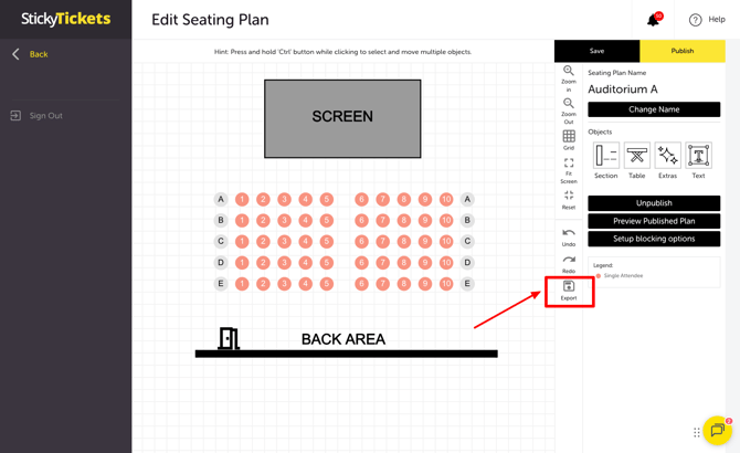 My Event - Edit Event - SEATING PLAN - EXPORT SEATING PLAN