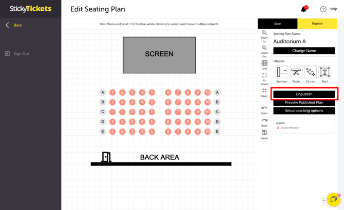 My Event - Edit Event - SEATING PLAN - UNPUBLISHING