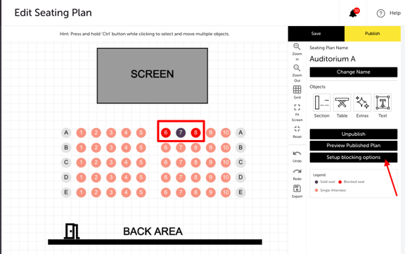 My Event - Edit Event - SEATING PLAN SETTINGS - SET BLOCKING OPTION BLOCKED AND BOOKED Seats