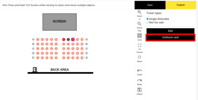 My Event - Edit Event - SEATING PLAN SETTINGS - SET BLOCKING OPTION UNBLOCK SEAT