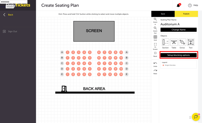 My Event - Edit Event - SEATING PLAN SETTINGS - SET BLOCKING OPTION