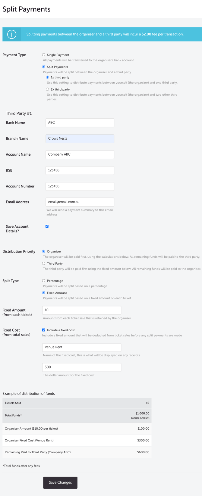 My Event - Edit Event - SPLIT PAYMENT - ORGANISER 1ST - FIX AMOUNT - NO FIX COST