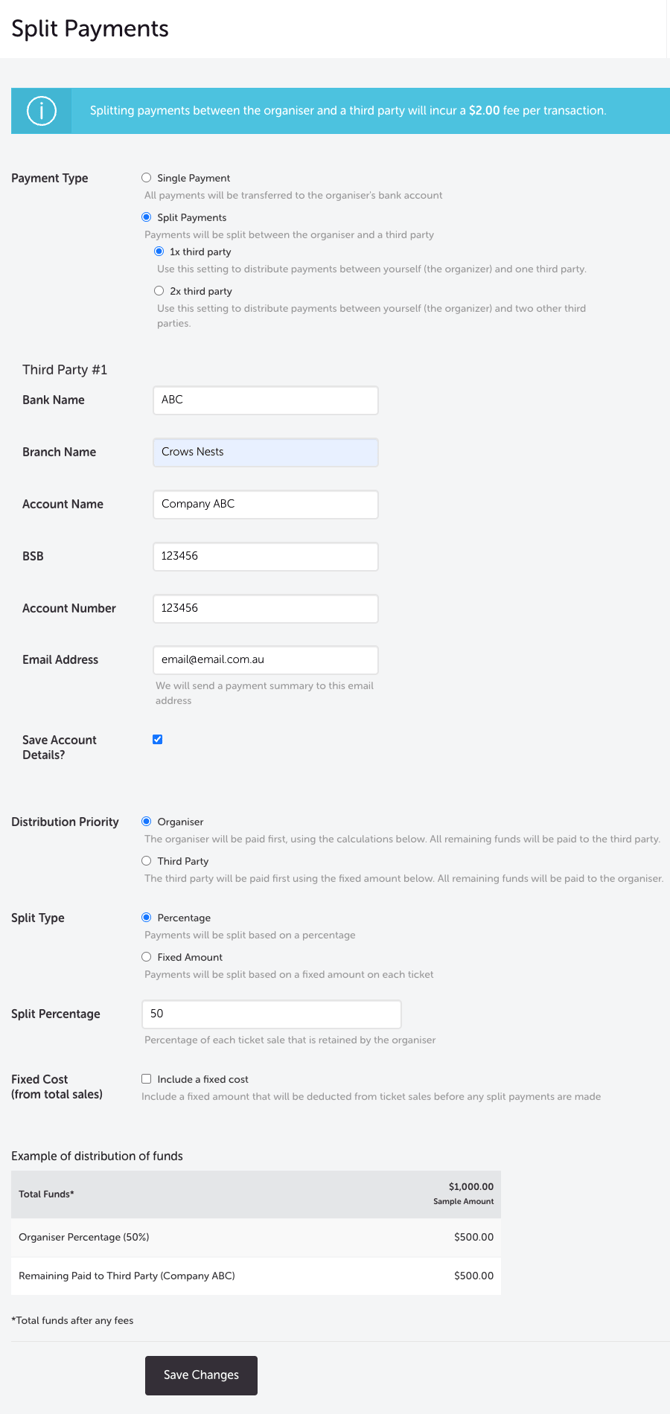 My Event - Edit Event - SPLIT PAYMENT - ORGANISER 1ST - PERCENTAGE - NO FIX COST