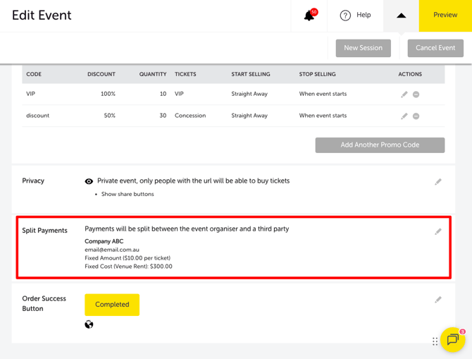 My Event - Edit Event - SPLIT PAYMENT SECTION WITH BANK DETAILS