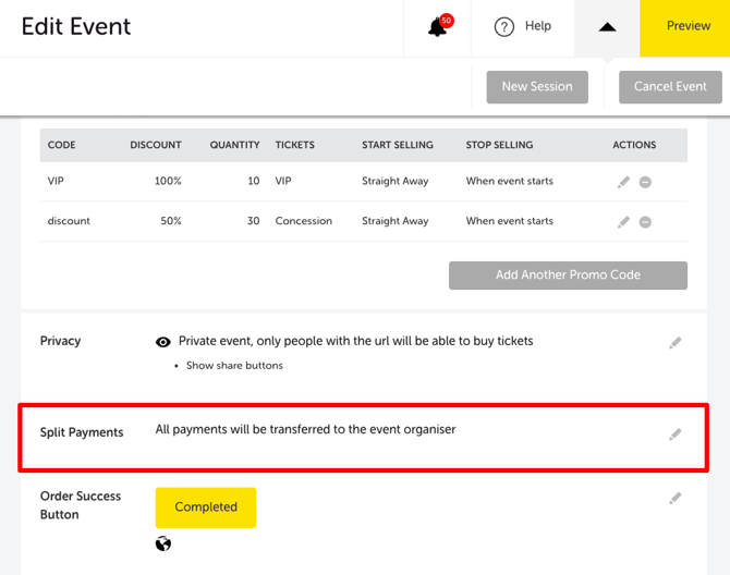My Event - Edit Event - SPLIT PAYMENT SECTION