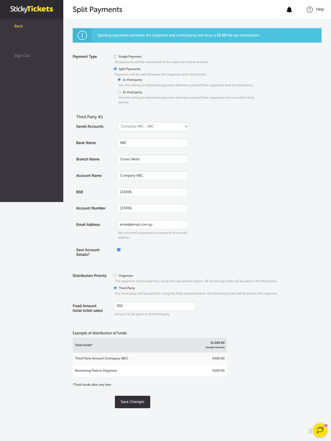 My Event - Edit Event - SPLIT PAYMENT SETTINGS - 3RD PARTY 1ST