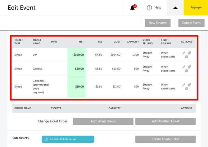 My Event - Edit Event - Ticket Type table